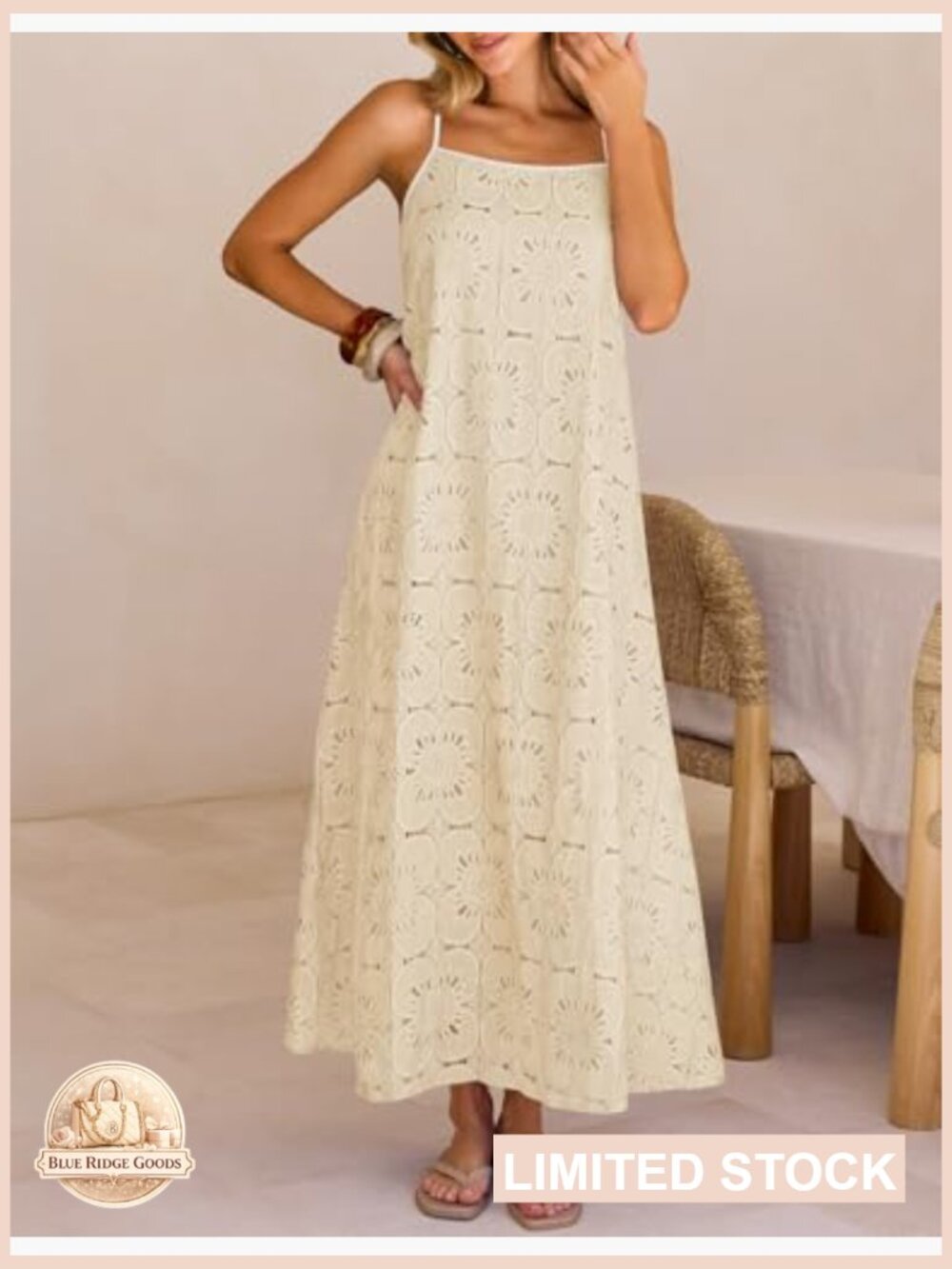 Womens Spaghetti Strap Sundress Sleeveless Boho Lace Maxi Dress Smocked Back - Picture 6 of 7
